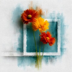 Aufkleber - Watercolor Coreopsis Flowers in a Square Frame on Textured Paper Background - Bright and Airy Floral Composition