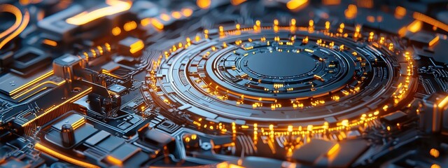 Wall Mural - futuristic abstract technology background with neon orange lights