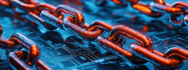 Wall Mural - chain links on digital circuit board background in vibrant colors