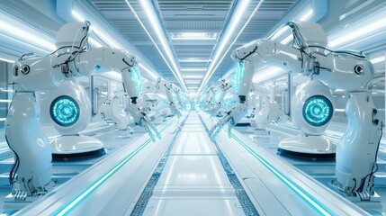 Wall Mural - advanced robotics in futuristic factory with neon lighting