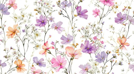 Wall Mural - Beautiful seamless floral water color pattern Set, watercolor wild flowers, leaves and grass,Collection botanic garden elements. Vector isolated illustration in rustic or vintage style,copy space.