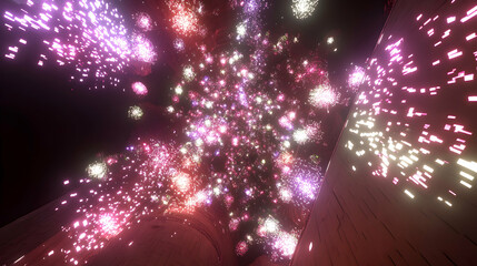 Vibrant fireworks display exploding in a dark night sky.