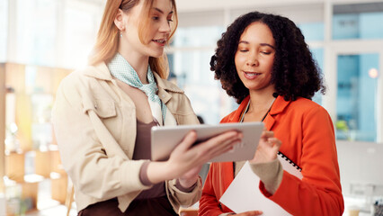 Poster - Business people, tablet and women in office, discussion and internet with sales agency. Happy employees, conversation or ad consultant in workplace, tech and email with positive review, advice or app