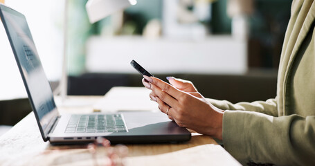 Poster - Laptop, employee and typing in office, smartphone and copywriter with article for website, hands and chat. Business, person and communication with contact for ad campaign, copywriting and marketing
