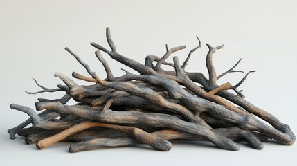 Arrangement of weathered tree branches evoking rustic charm and natural textures