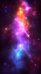 vibrant nebula with colorful light rays and stars.