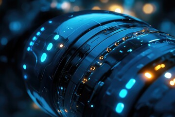 Poster - Futuristic blue and black textured device with glowing lights and intricate details suggesting advanced technology and sleek design.