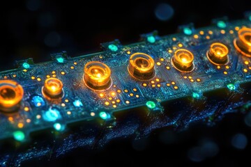 Poster - A detailed, close-up view of a circuit board, featuring illuminated components and intricate design elements, set against a dark backdrop.