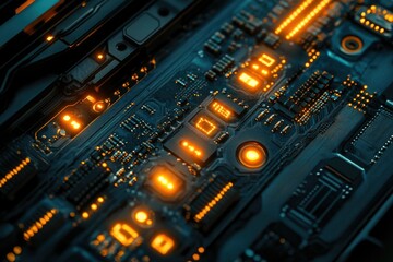 Poster - A close-up of a complex circuit board with glowing orange lights, highlighting intricate components and advanced technology.