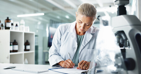 Aufkleber - Woman, scientist and writing with documents for medical results or discovery at laboratory. Mature person, science or healthcare worker with paperwork for scientific research, report or analysis