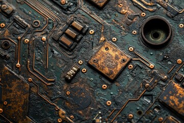 Poster - Close-up of an old, corroded circuit board with intricate copper traces and rusty components, revealing wear and age.