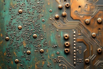 Poster - Detailed macro shot of an old, textured, and weathered circuit board with intricate copper traces and various electronic components.
