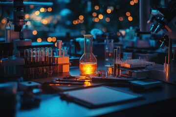 Aufkleber - A lab scene with test tubes, a flask with glowing liquid, microscopes, and notebook under blue and orange lighting.