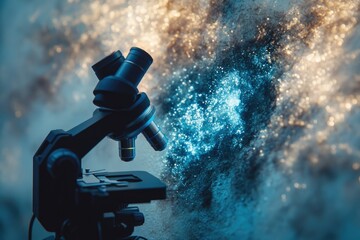 Aufkleber - A microscope sits poised against a backdrop of sparkling, abstract light, evoking a sense of scientific discovery and exploration.