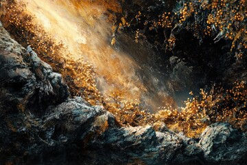 Poster - An abstract landscape features dark rocky formations, contrasted by a stream of golden light and small, luminous specks.