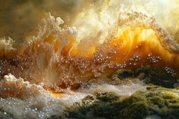 Poster - Golden liquid with bubbles and mossy texture forms a unique, textured landscape with ethereal glow.