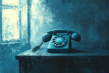 Aufkleber - A vintage rotary dial phone sits on a table with a window light behind it, painted in blue tone.