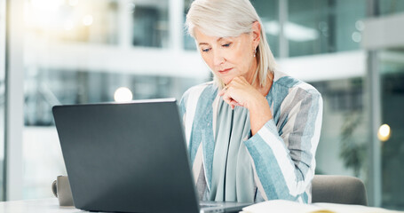 Aufkleber - Business, thinking and woman with laptop, reading and planning for company growth, online and bokeh. Corporate, entrepreneur and mature person with tech, serious and ideas for investment in office