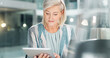 © BuyOutFelix01/peopleimages.com - Business, happy and woman with tablet, reading and planning for company growth, thinking and bokeh. Corporate, entrepreneur and mature person with tech, online and ideas for investment in office