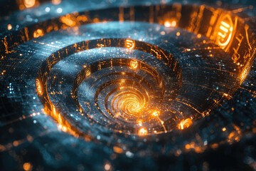 Poster - A swirling vortex of digital data, glowing with vibrant orange and blue hues, depicts a futuristic technological landscape.