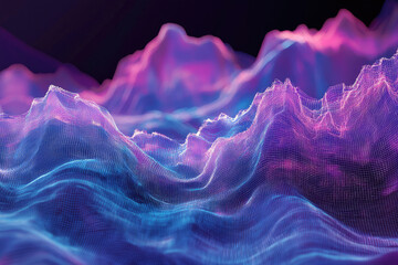 Poster - Abstract digital landscape with vibrant purple and blue hues, forming a mesh-like mountainous terrain.
