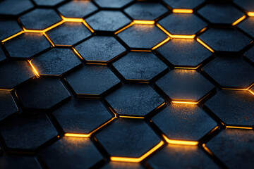 Poster - Abstract hexagon pattern with glowing edges, dark metallic texture, futuristic design.