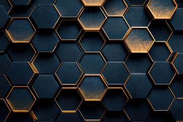 Wall Mural - abstract background of dark hexagon pattern with gold accents. geometric, modern, luxurious design.