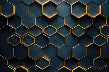Wall Mural - abstract hexagonal pattern with dark blue hexagons and gold borders, creating a luxurious and geomet