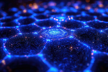 Poster - Abstract digital landscape with glowing hexagonal network, vibrant blue hues, intricate details, and futuristic aesthetic.