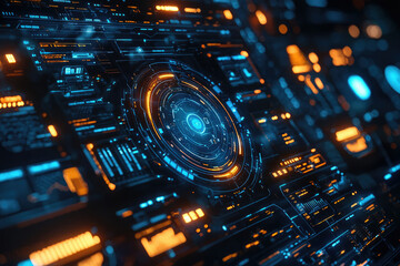 Poster - Futuristic digital interface with glowing blue and orange elements, showcasing intricate technological details.