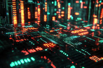 Poster - Abstract digital landscape with glowing lines and numbers, depicting futuristic technology and data streams.