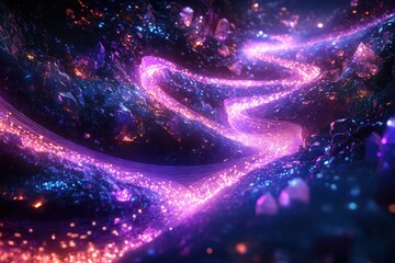 Aufkleber - A luminous, winding river of sparkling light flows through a dark, rocky landscape, with scattered crystals and a magical atmosphere.