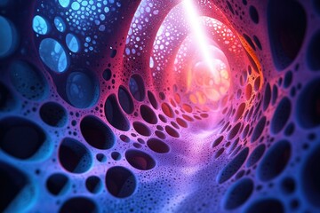 Poster - Abstract rendering of a tunnel with glowing light, featuring cellular-like structures and vibrant blue and red hues.