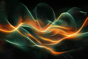 Poster - Abstract digital art depicting flowing, luminous waves of orange and teal particles on a transparent background.