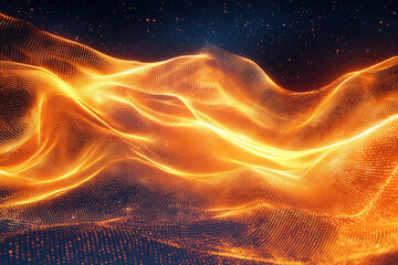 Poster - Glowing orange particle waves flowing across a dark starry background, creating an abstract, cosmic landscape.