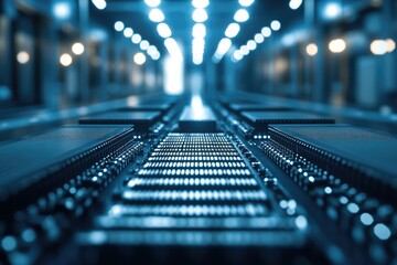 Poster - Futuristic abstract technology scene featuring a circuit board with symmetrical pattern and bright lights in the background.
