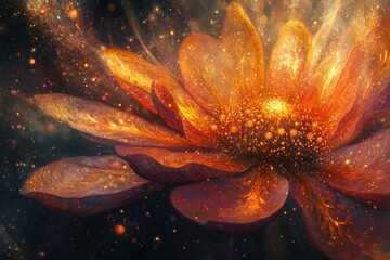 Aufkleber - Abstract image of a flower with orange and yellow hues, covered in glittering particles, evoking a sense of cosmic beauty and wonder.