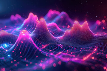 Poster - Abstract digital landscape with glowing pink and blue peaks, representing data visualization or technological advancement.