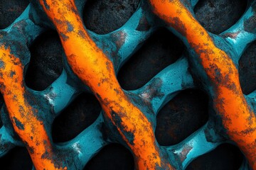Aufkleber - Close-up view of textured metal grate featuring an orange and turquoise color scheme with dark voids.