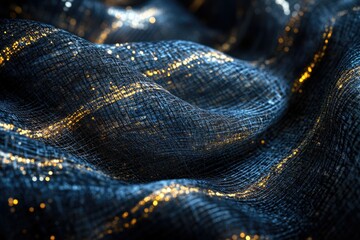 Aufkleber - A shimmering, rippled fabric with threads of gold light woven through its dark blue, textured surface, evoking elegance.