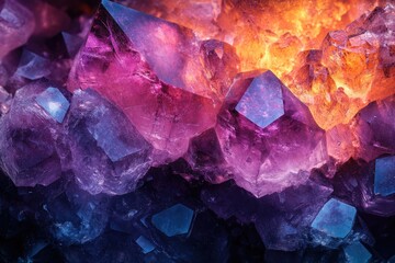 Poster - Vibrant close-up of amethyst crystals, showcasing purple hues and an orange glow, highlighting gemstone textures.
