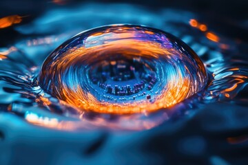 Aufkleber - A captivating close-up of a reflective bubble on liquid, displaying a city-like structure in its core, bathed in vibrant orange and blue hues.