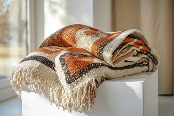 Aufkleber - A textured blanket with orange and brown patterns rests on a white surface near a window.