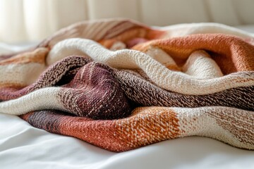 Poster - Close-up shot of a cozy, multicolored woven blanket, featuring shades of brown, orange, and white, resting on a white surface.