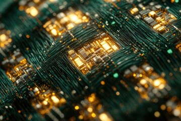 Poster - An intricate close-up shot captures the complex network of a circuit board with glowing elements against a green background.