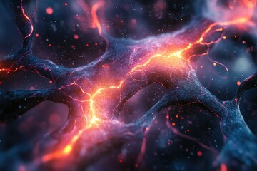 Aufkleber - Abstract image with glowing orange/red electrical energy coursing through branching dark blue/gray structures, resembling neural pathways.