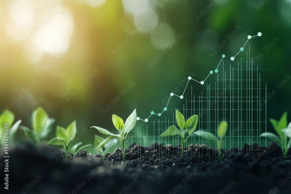 A green plant emerging from soil with a digital growth chart overlay ...