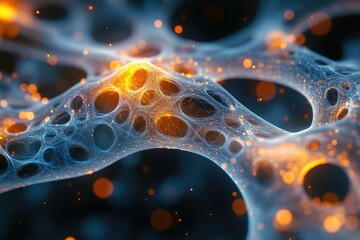 Poster - Abstract interconnected network with glowing nodes, showcasing cellular or digital structures with intricate, blue patterns.