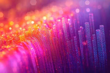 Fototapete - Abstract, glowing, futuristic cityscape with blurred bokeh background in vibrant pink, purple, and orange, creating a dynamic and dreamy atmosphere.