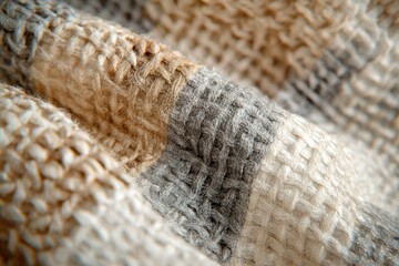 Poster - Close-up of a textured, woven blanket with neutral colors, showcasing the intricate details and soft folds of the fabric.